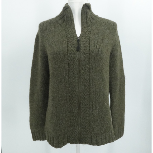Alpaca Merino Wool Cardigan Womens Medium Green Hand Loomed‎ Full Zip Fisherman - Picture 1 of 10